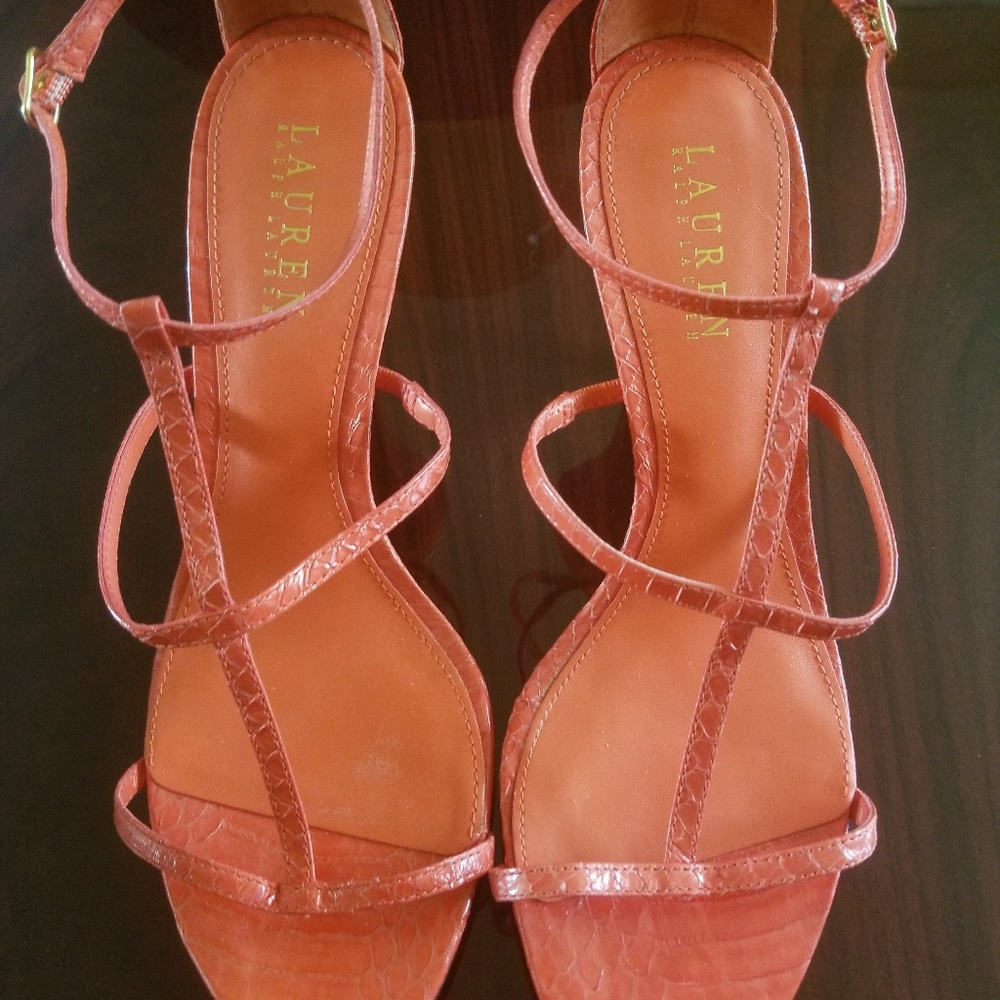 New Ralph Lauren Orange snakeskin Leather High Heel Sandals